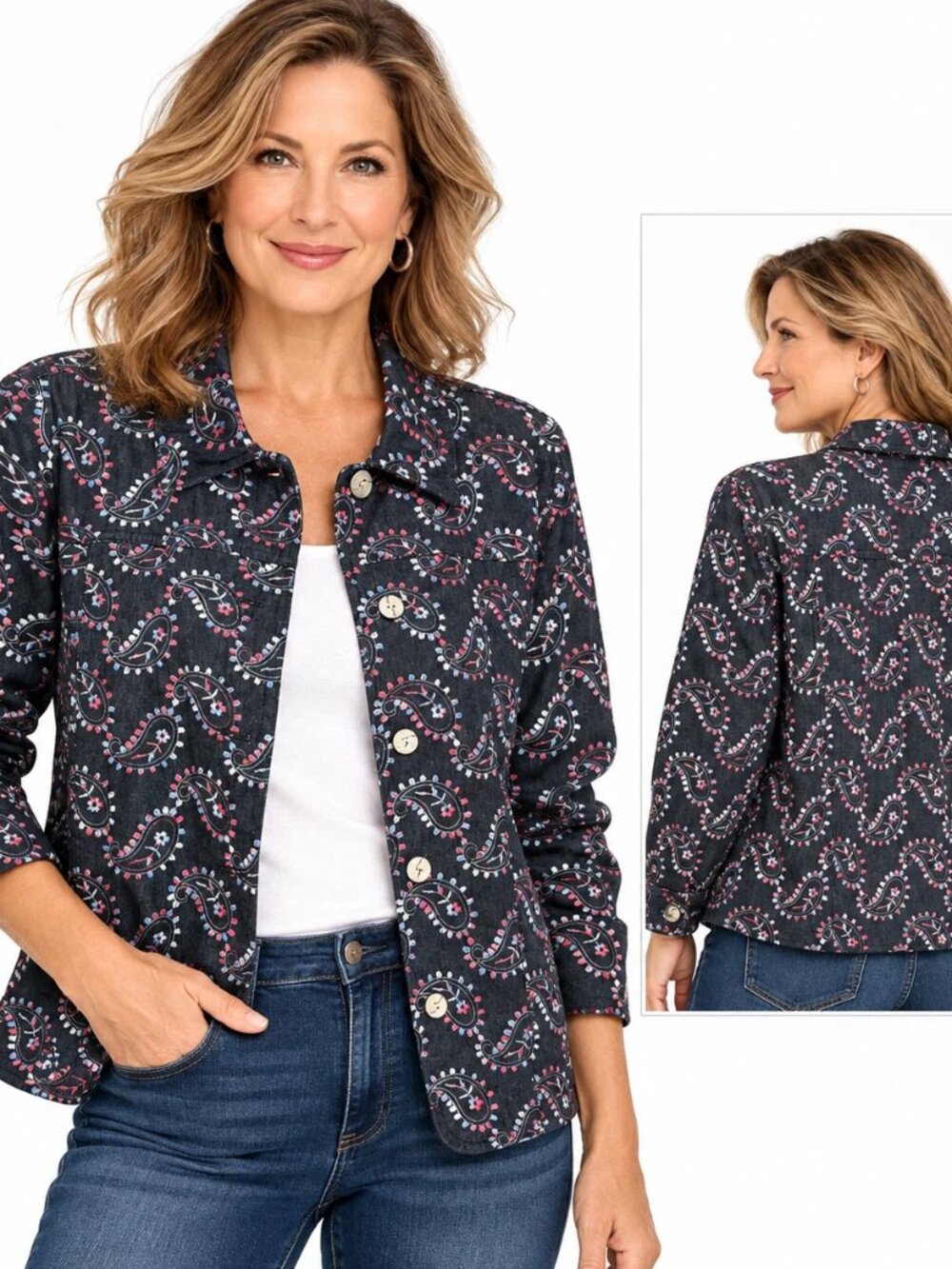 Coldwater Creek Embroidered Paisley Denim Jacket Womens M Boho Western